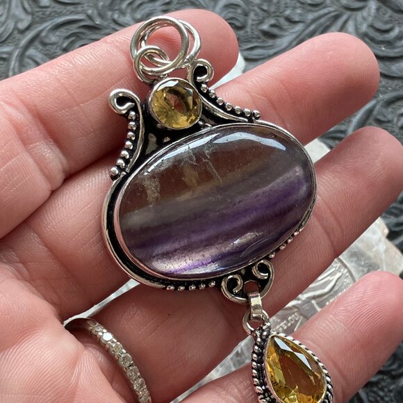 Yellow and Purple Rainbow Fluorite And Citrine Pendant - Picture 3 of 8